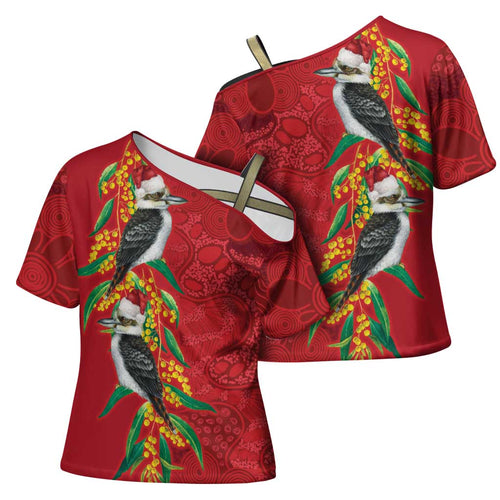 Aussie Kokaburra Golden Wattle Christmas Cross Shoulder Shirt Aboriginal Dots Painting Red Motif - Aussie Hoodie