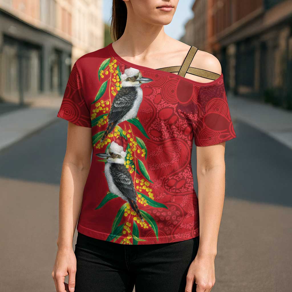 Aussie Kokaburra Golden Wattle Christmas Cross Shoulder Shirt Aboriginal Dots Painting Red Motif - Aussie Hoodie