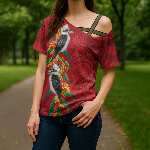 Aussie Kokaburra Golden Wattle Christmas Cross Shoulder Shirt Aboriginal Dots Painting Red Motif - Aussie Hoodie