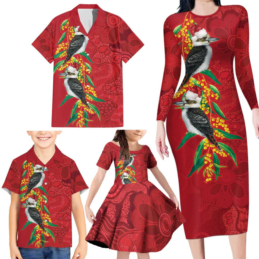 Aussie Kokaburra Golden Wattle Christmas Family Matching Long Sleeve Bodycon Dress and Hawaiian Shirt Aboriginal Dots Painting Red Motif - Aussie Hoodie