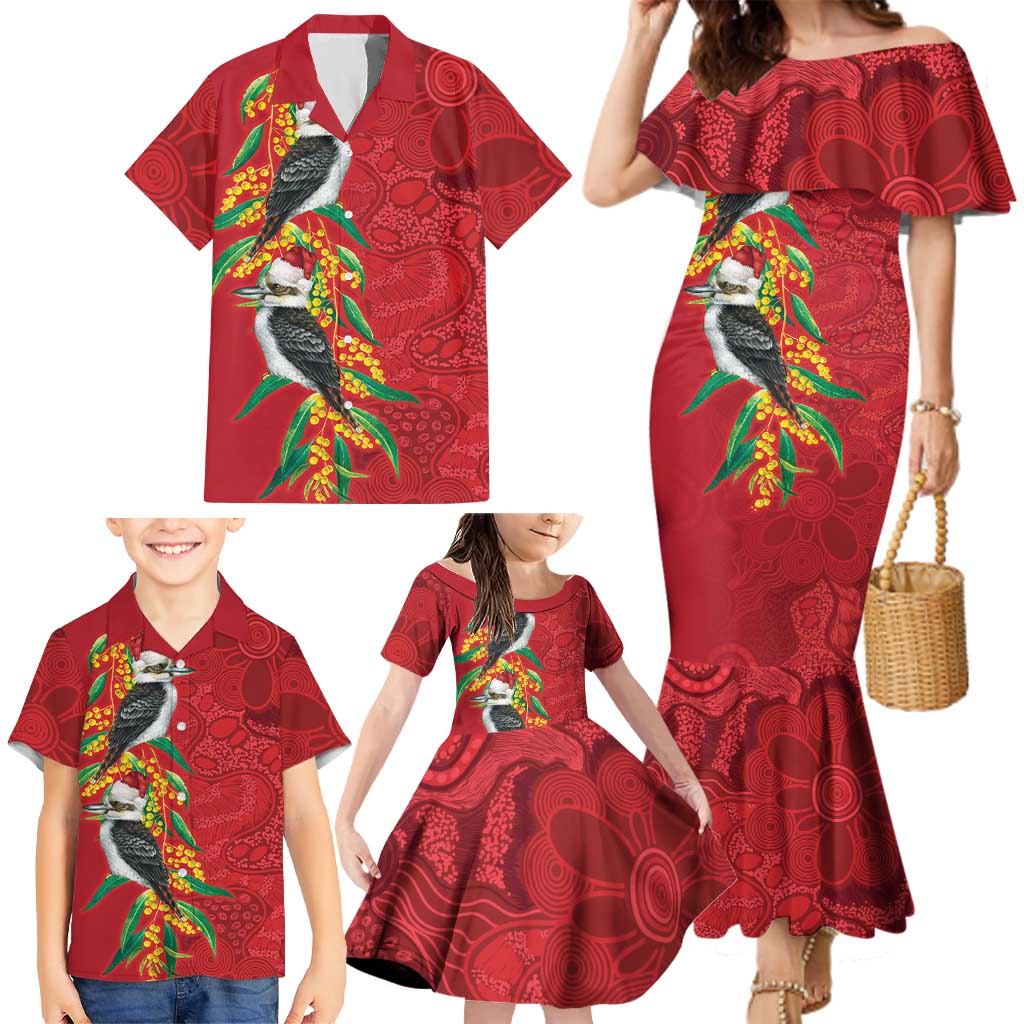 Aussie Kokaburra Golden Wattle Christmas Family Matching Mermaid Dress and Hawaiian Shirt Aboriginal Dots Painting Red Motif - Aussie Hoodie