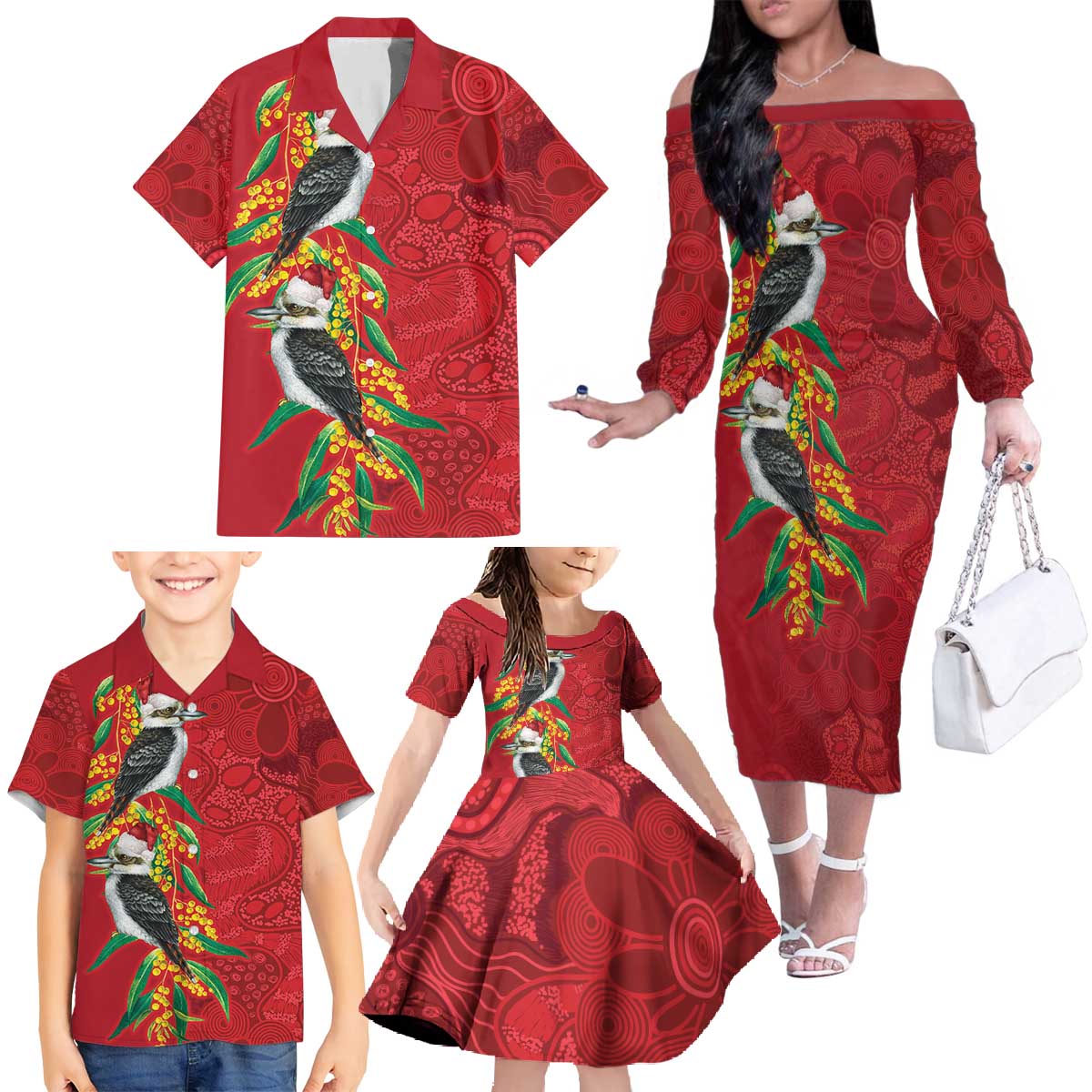 Aussie Kokaburra Golden Wattle Christmas Family Matching Off The Shoulder Long Sleeve Dress and Hawaiian Shirt Aboriginal Dots Painting Red Motif - Aussie Hoodie