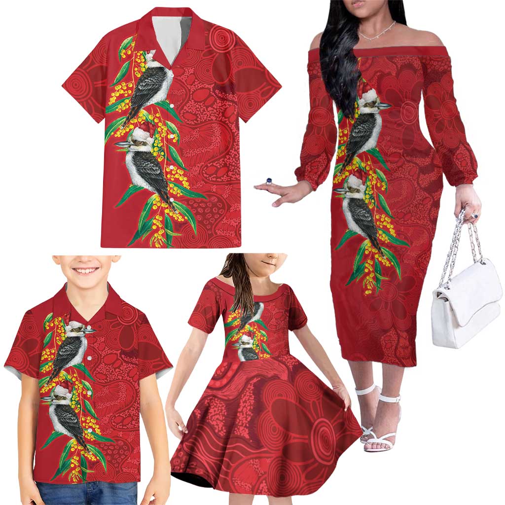 Aussie Kokaburra Golden Wattle Christmas Family Matching Off The Shoulder Long Sleeve Dress and Hawaiian Shirt Aboriginal Dots Painting Red Motif - Aussie Hoodie