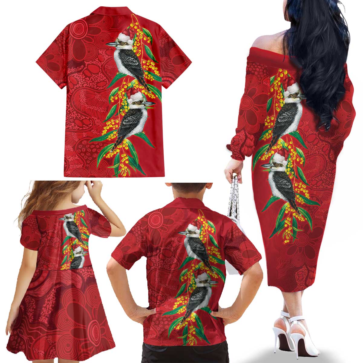Aussie Kokaburra Golden Wattle Christmas Family Matching Off The Shoulder Long Sleeve Dress and Hawaiian Shirt Aboriginal Dots Painting Red Motif - Aussie Hoodie