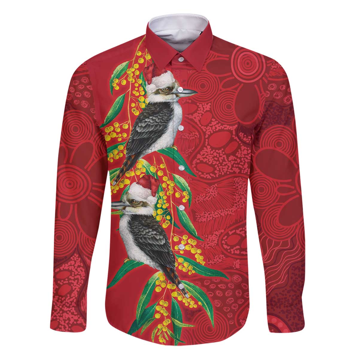 Aussie Kokaburra Golden Wattle Christmas Family Matching Off The Shoulder Long Sleeve Dress and Hawaiian Shirt Aboriginal Dots Painting Red Motif - Aussie Hoodie