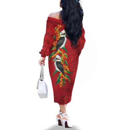 Aussie Kokaburra Golden Wattle Christmas Family Matching Off The Shoulder Long Sleeve Dress and Hawaiian Shirt Aboriginal Dots Painting Red Motif - Aussie Hoodie
