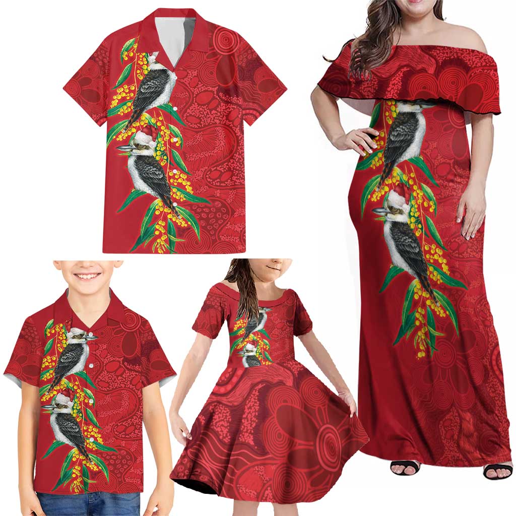 Aussie Kokaburra Golden Wattle Christmas Family Matching Off Shoulder Maxi Dress and Hawaiian Shirt Aboriginal Dots Painting Red Motif - Aussie Hoodie