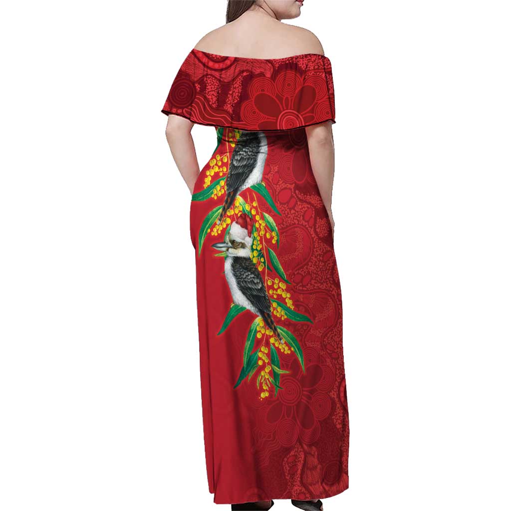 Aussie Kokaburra Golden Wattle Christmas Family Matching Off Shoulder Maxi Dress and Hawaiian Shirt Aboriginal Dots Painting Red Motif - Aussie Hoodie