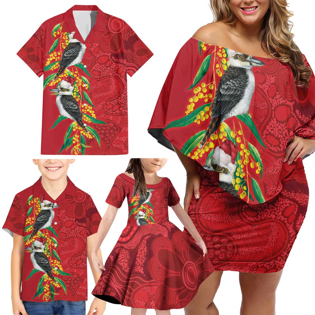 Aussie Kokaburra Golden Wattle Christmas Family Matching Off Shoulder Short Dress and Hawaiian Shirt Aboriginal Dots Painting Red Motif - Aussie Hoodie