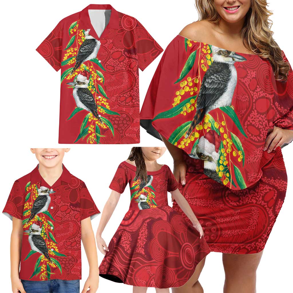 Aussie Kokaburra Golden Wattle Christmas Family Matching Off Shoulder Short Dress and Hawaiian Shirt Aboriginal Dots Painting Red Motif - Aussie Hoodie