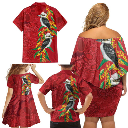 Aussie Kokaburra Golden Wattle Christmas Family Matching Off Shoulder Short Dress and Hawaiian Shirt Aboriginal Dots Painting Red Motif - Aussie Hoodie