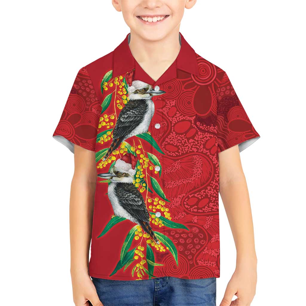 Aussie Kokaburra Golden Wattle Christmas Family Matching Off Shoulder Short Dress and Hawaiian Shirt Aboriginal Dots Painting Red Motif - Aussie Hoodie