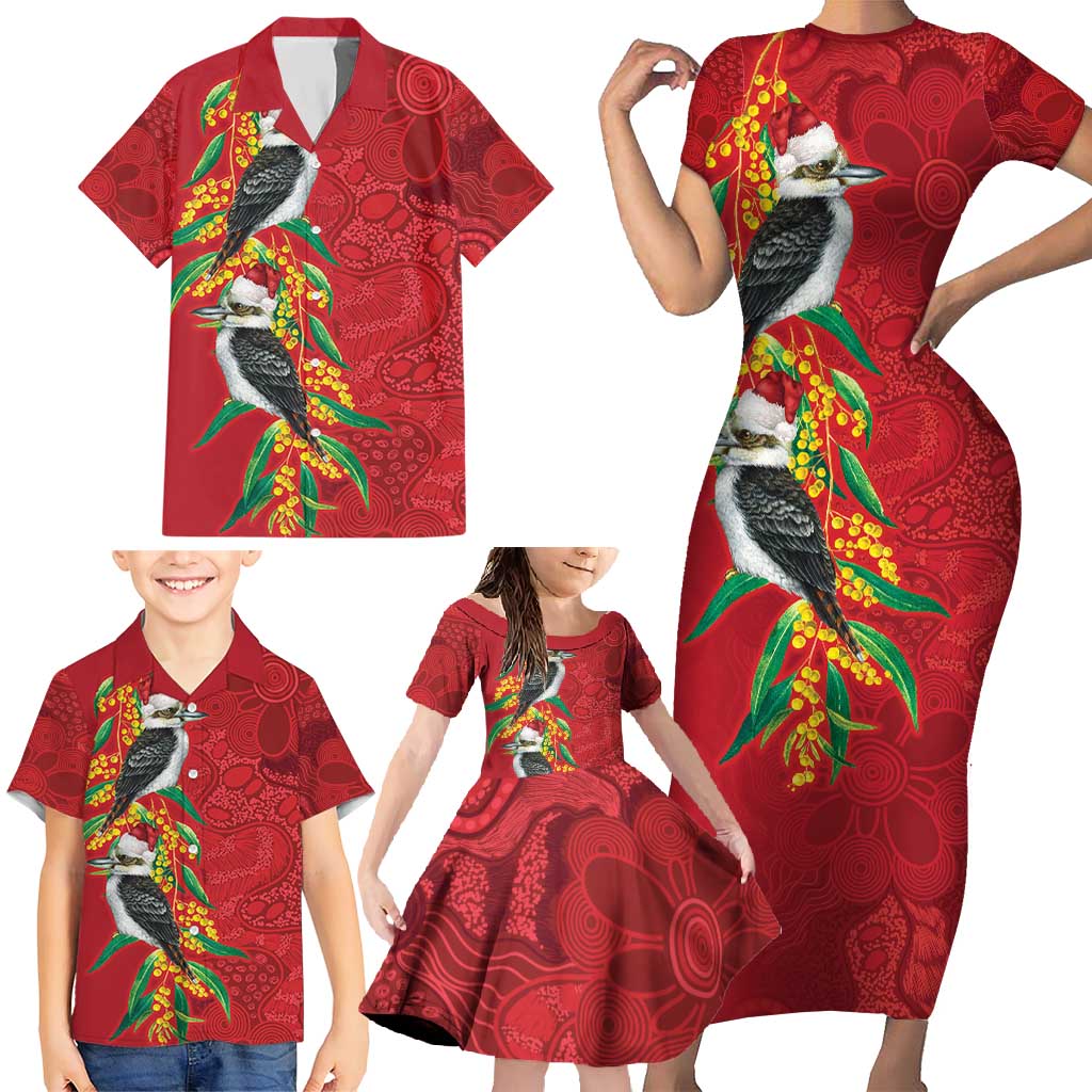 Aussie Kokaburra Golden Wattle Christmas Family Matching Short Sleeve Bodycon Dress and Hawaiian Shirt Aboriginal Dots Painting Red Motif - Aussie Hoodie
