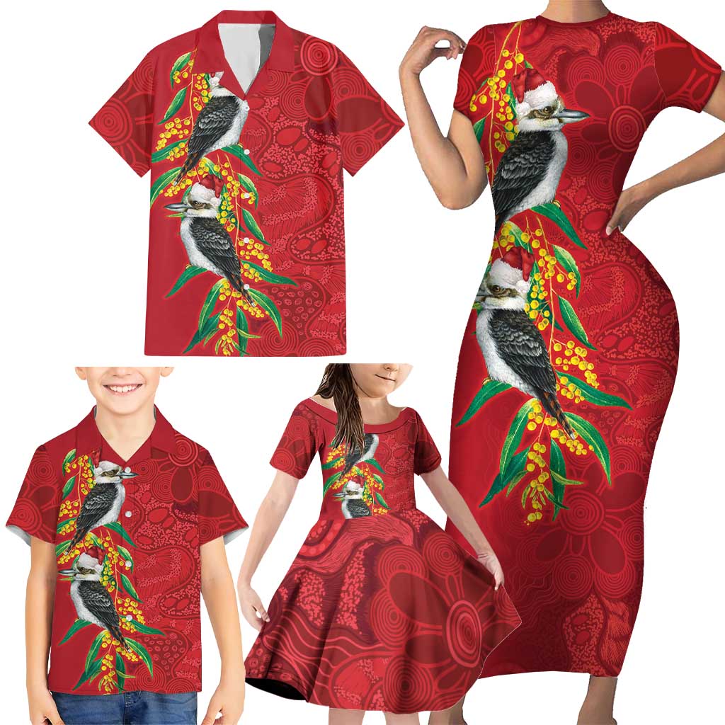 Aussie Kokaburra Golden Wattle Christmas Family Matching Short Sleeve Bodycon Dress and Hawaiian Shirt Aboriginal Dots Painting Red Motif - Aussie Hoodie