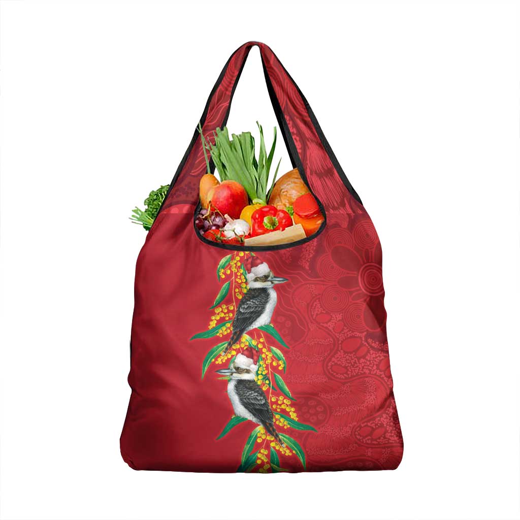 Aussie Kokaburra Golden Wattle Christmas Grocery Bag Aboriginal Dots Painting Red Motif - Aussie Hoodie