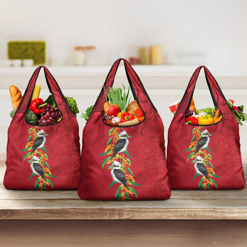 Aussie Kokaburra Golden Wattle Christmas Grocery Bag Aboriginal Dots Painting Red Motif - Aussie Hoodie