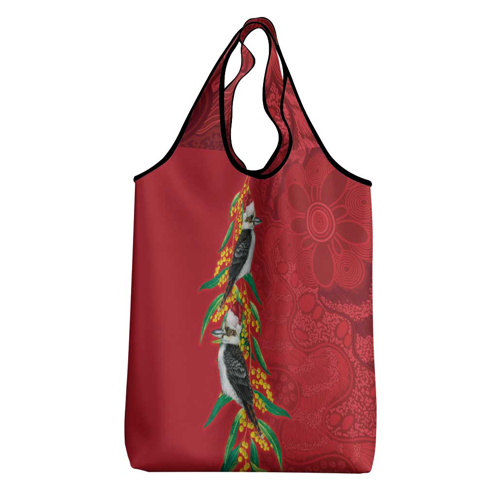 Aussie Kokaburra Golden Wattle Christmas Grocery Bag Aboriginal Dots Painting Red Motif - Aussie Hoodie