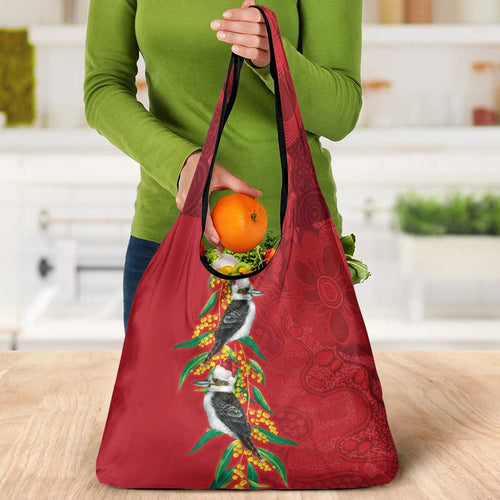 Aussie Kokaburra Golden Wattle Christmas Grocery Bag Aboriginal Dots Painting Red Motif - Aussie Hoodie