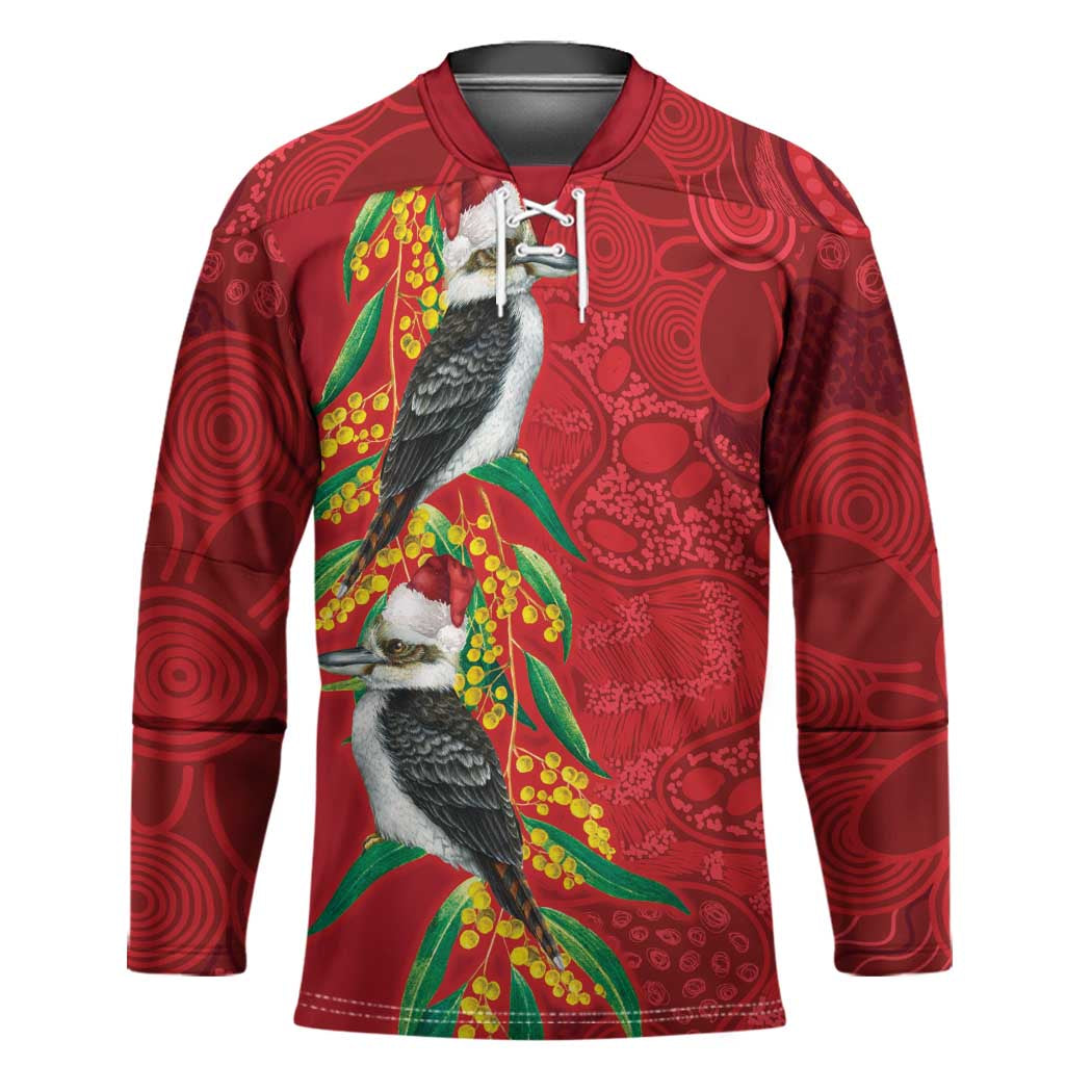 Aussie Kokaburra Golden Wattle Christmas Hockey Jersey Aboriginal Dots Painting Red Motif - Aussie Hoodie