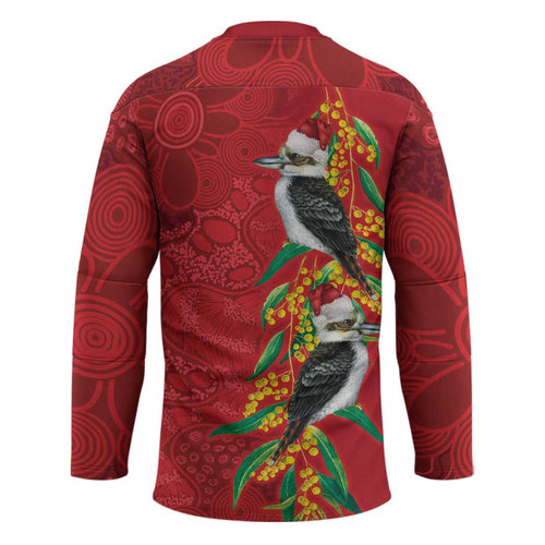 Aussie Kokaburra Golden Wattle Christmas Hockey Jersey Aboriginal Dots Painting Red Motif - Aussie Hoodie
