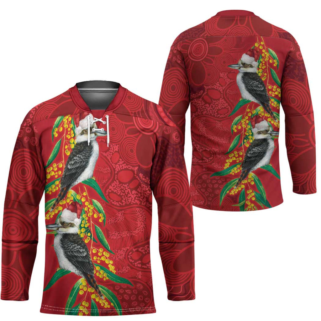 Aussie Kokaburra Golden Wattle Christmas Hockey Jersey Aboriginal Dots Painting Red Motif - Aussie Hoodie