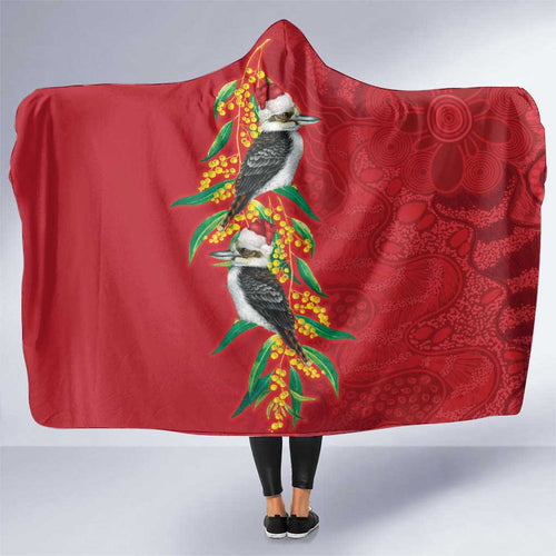 Aussie Kokaburra Golden Wattle Christmas Hooded Blanket Aboriginal Dots Painting Red Motif - Aussie Hoodie