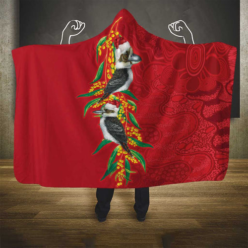 Aussie Kokaburra Golden Wattle Christmas Hooded Blanket Aboriginal Dots Painting Red Motif - Aussie Hoodie