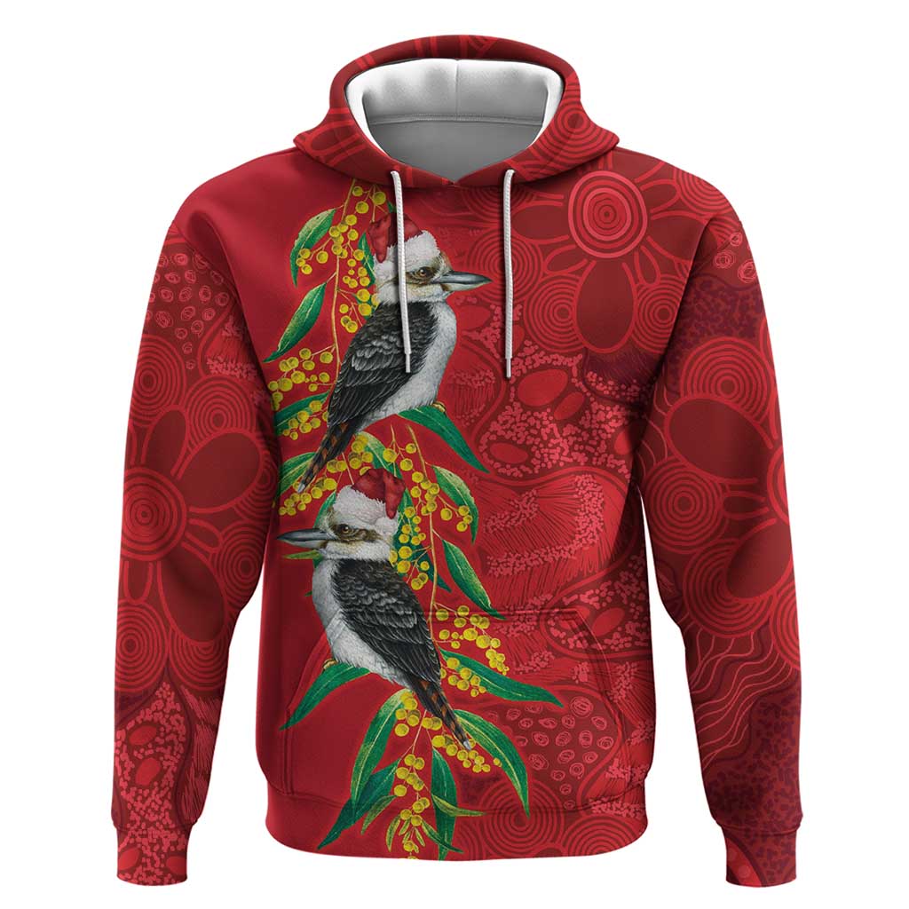 Aussie Kokaburra Golden Wattle Christmas Hoodie Aboriginal Dots Painting Red Motif - Aussie Hoodie