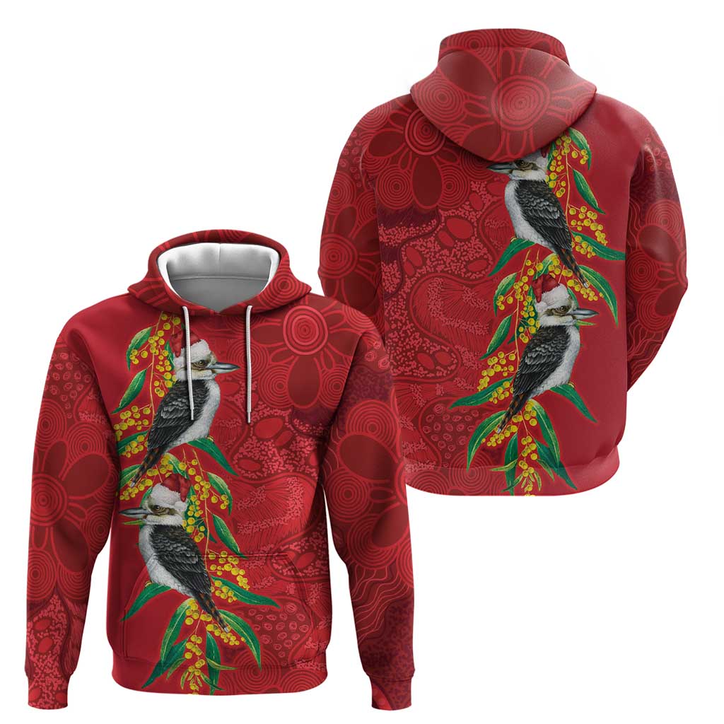 Aussie Kokaburra Golden Wattle Christmas Hoodie Aboriginal Dots Painting Red Motif - Aussie Hoodie