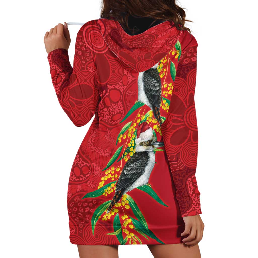 Aussie Kokaburra Golden Wattle Christmas Hoodie Dress Aboriginal Dots Painting Red Motif - Aussie Hoodie