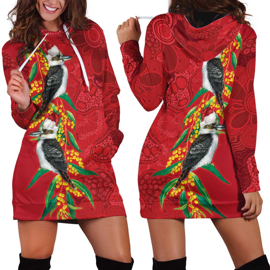Aussie Kokaburra Golden Wattle Christmas Hoodie Dress Aboriginal Dots Painting Red Motif - Aussie Hoodie