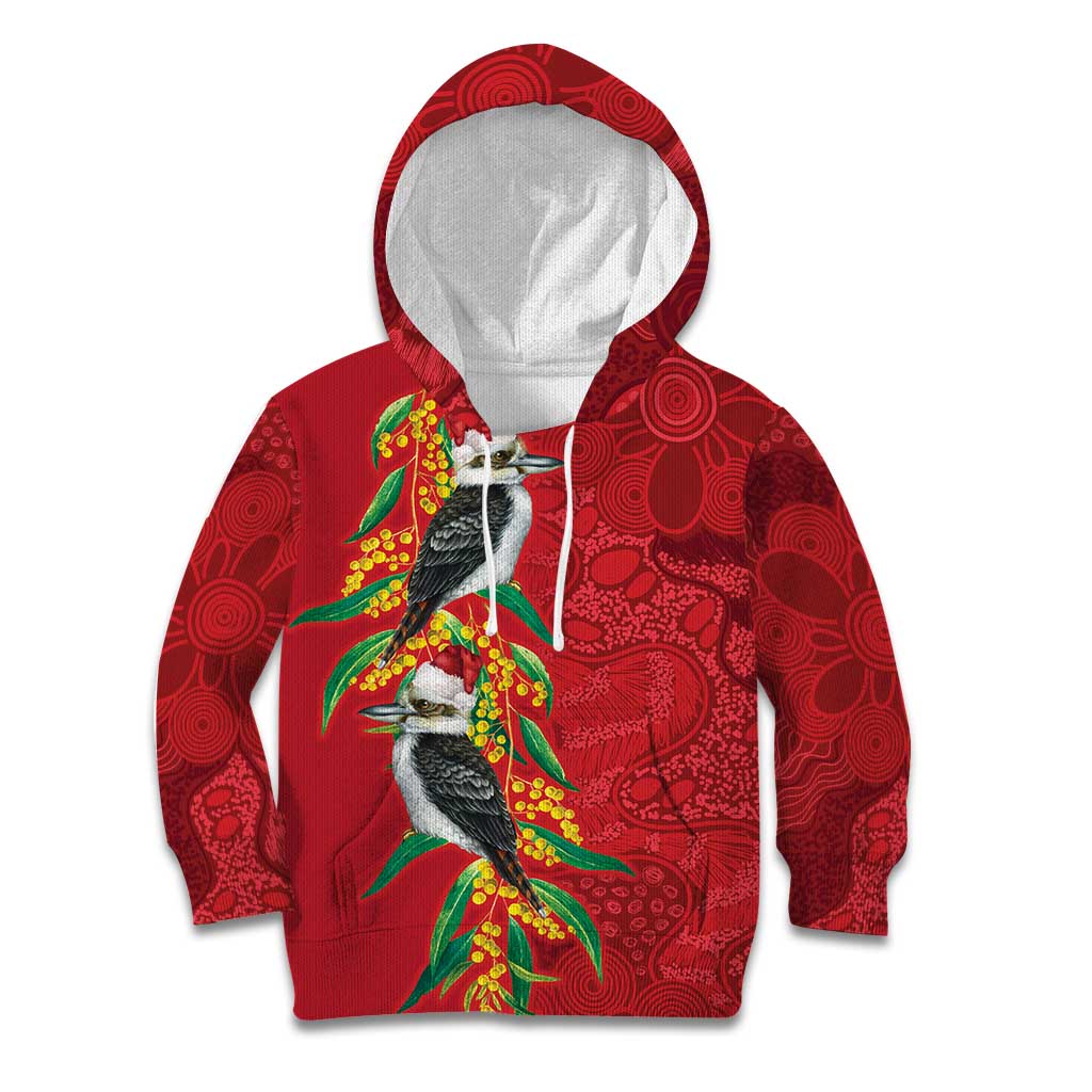 Aussie Kokaburra Golden Wattle Christmas Kid Hoodie Aboriginal Dots Painting Red Motif - Aussie Hoodie