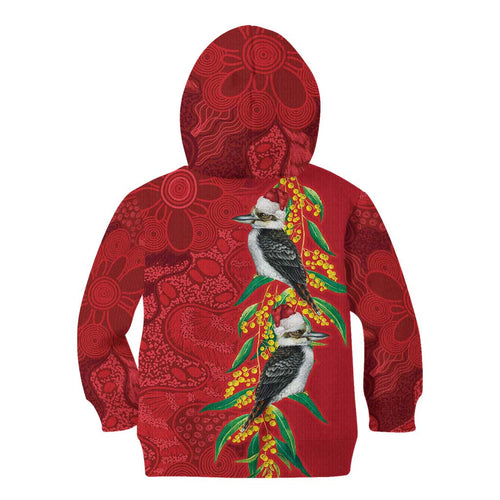 Aussie Kokaburra Golden Wattle Christmas Kid Hoodie Aboriginal Dots Painting Red Motif - Aussie Hoodie