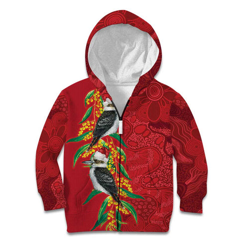 Aussie Kokaburra Golden Wattle Christmas Kid Hoodie Aboriginal Dots Painting Red Motif - Aussie Hoodie