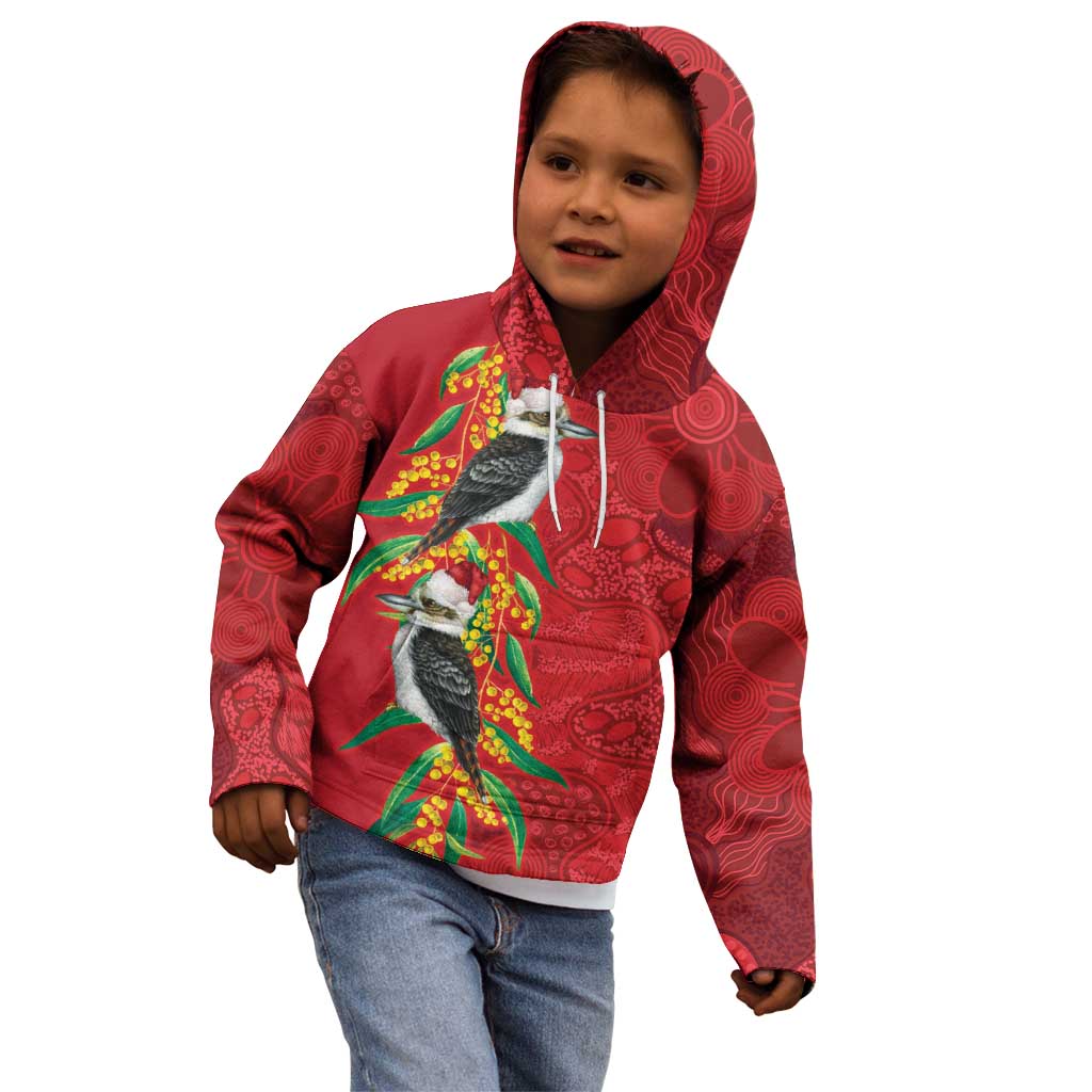 Aussie Kokaburra Golden Wattle Christmas Kid Hoodie Aboriginal Dots Painting Red Motif - Aussie Hoodie
