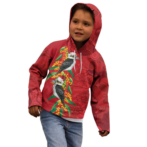 Aussie Kokaburra Golden Wattle Christmas Kid Hoodie Aboriginal Dots Painting Red Motif - Aussie Hoodie