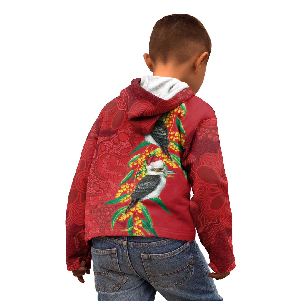 Aussie Kokaburra Golden Wattle Christmas Kid Hoodie Aboriginal Dots Painting Red Motif - Aussie Hoodie