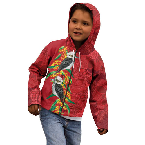 Aussie Kokaburra Golden Wattle Christmas Kid Hoodie Aboriginal Dots Painting Red Motif - Aussie Hoodie