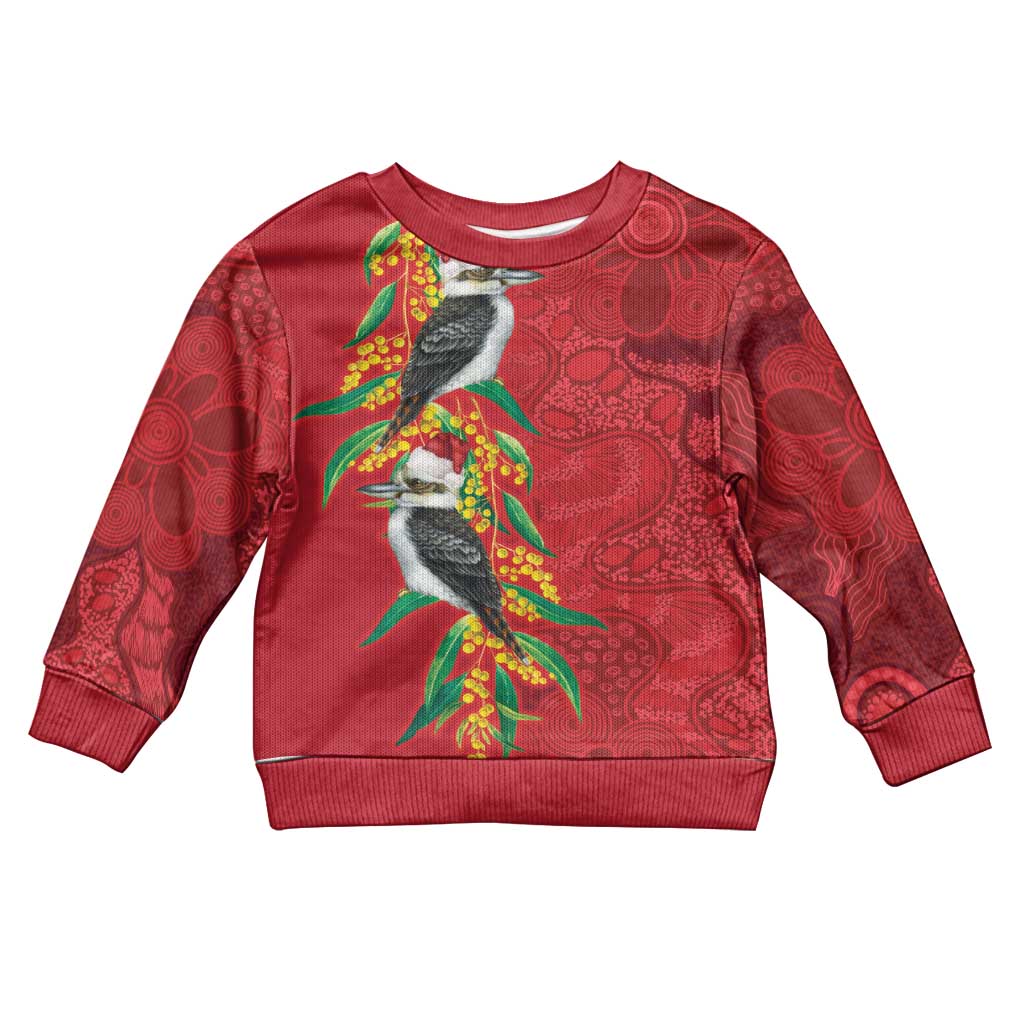 Aussie Kokaburra Golden Wattle Christmas Kid Ugly Christmas Sweater Aboriginal Dots Painting Red Motif - Aussie Hoodie
