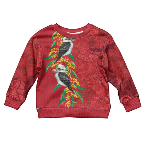 Aussie Kokaburra Golden Wattle Christmas Kid Ugly Christmas Sweater Aboriginal Dots Painting Red Motif - Aussie Hoodie