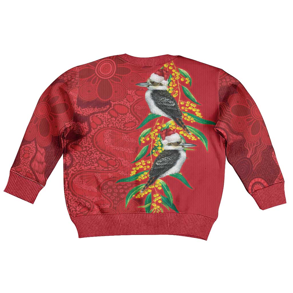 Aussie Kokaburra Golden Wattle Christmas Kid Ugly Christmas Sweater Aboriginal Dots Painting Red Motif - Aussie Hoodie
