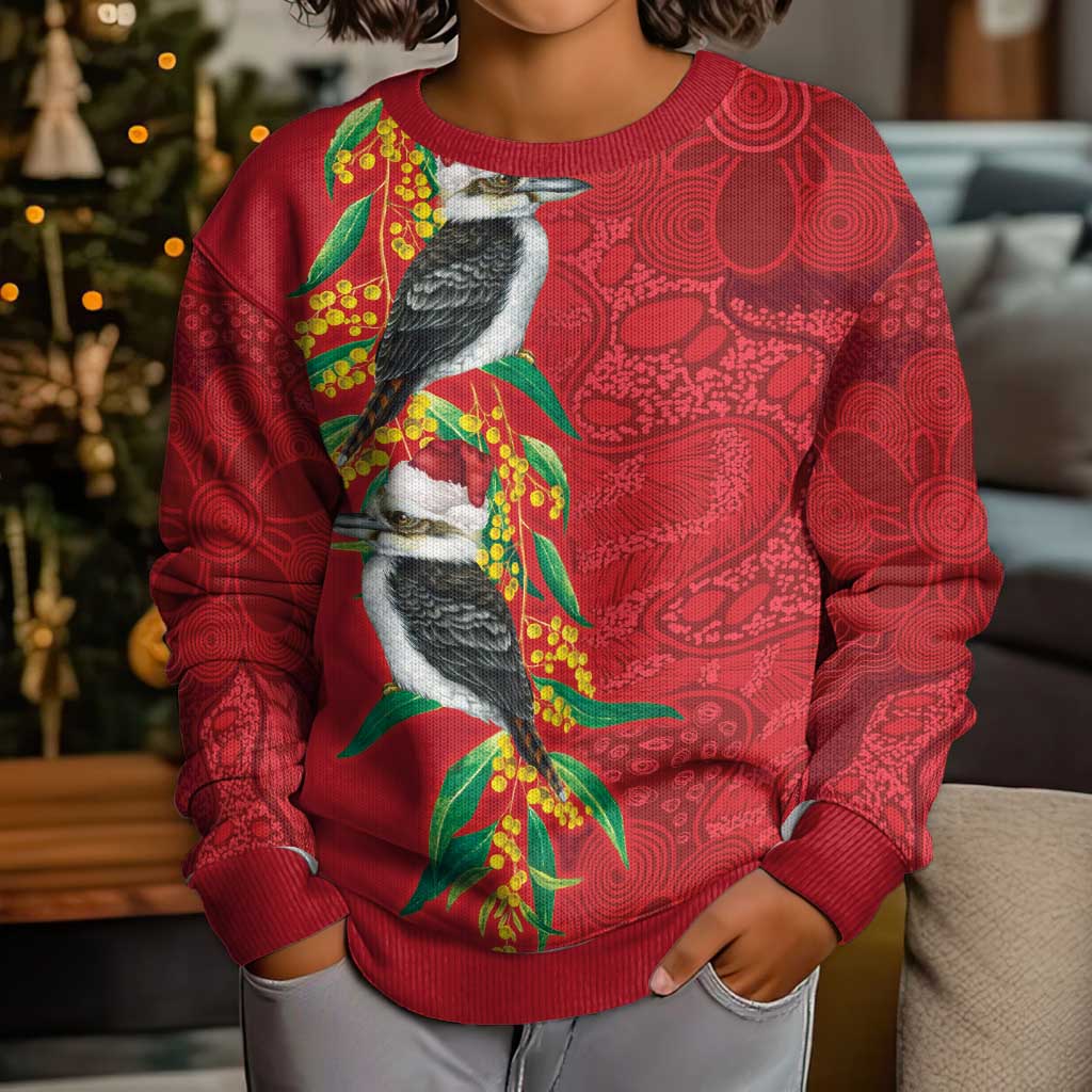 Aussie Kokaburra Golden Wattle Christmas Kid Ugly Christmas Sweater Aboriginal Dots Painting Red Motif - Aussie Hoodie