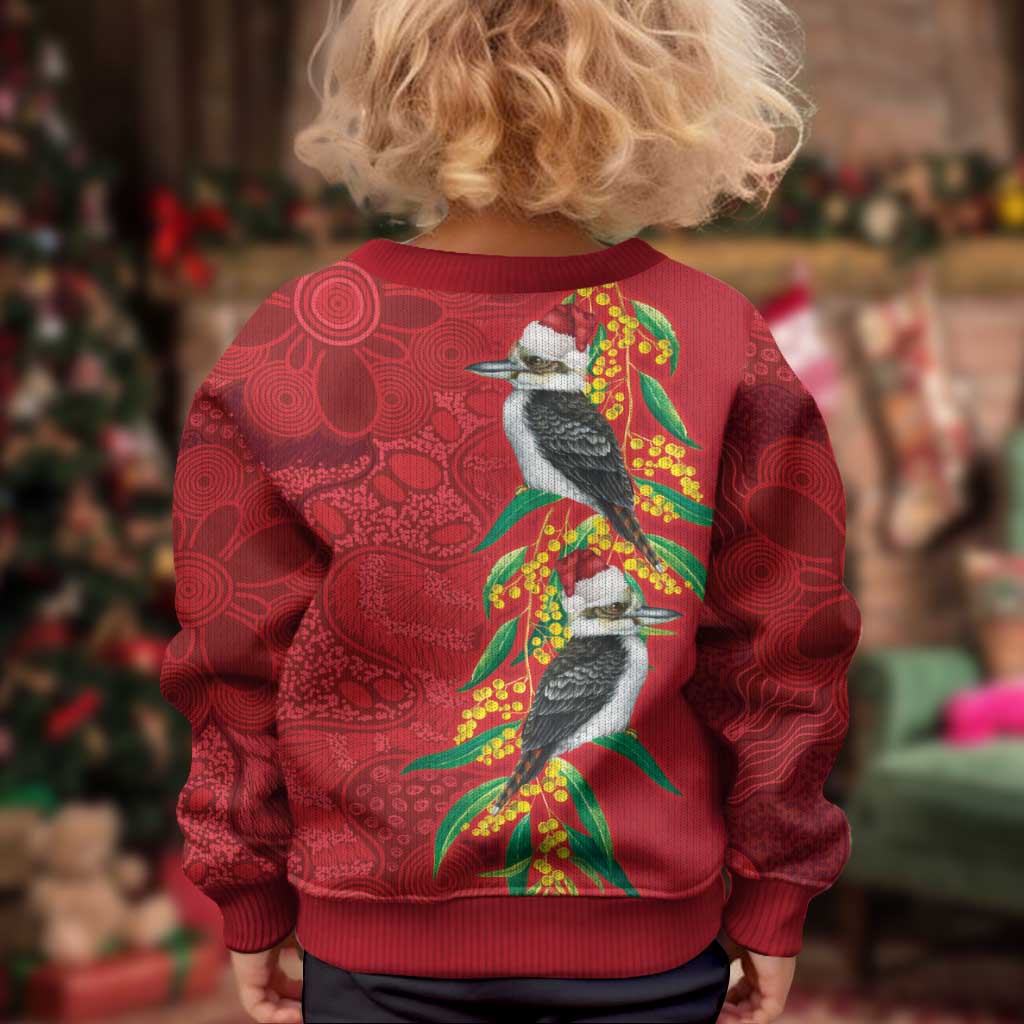 Aussie Kokaburra Golden Wattle Christmas Kid Ugly Christmas Sweater Aboriginal Dots Painting Red Motif - Aussie Hoodie