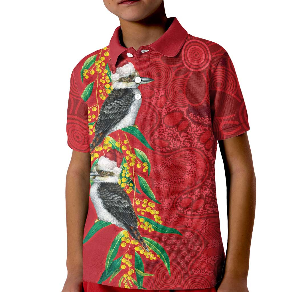 Aussie Kokaburra Golden Wattle Christmas Kid Polo Shirt Aboriginal Dots Painting Red Motif - Aussie Hoodie