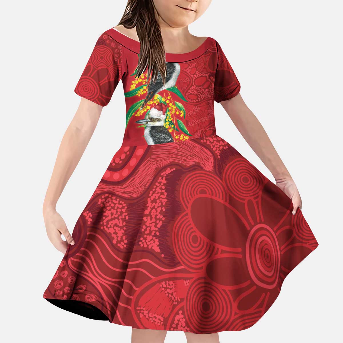 Aussie Kokaburra Golden Wattle Christmas Kid Short Sleeve Dress Aboriginal Dots Painting Red Motif - Aussie Hoodie