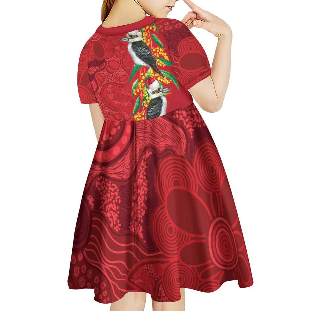 Aussie Kokaburra Golden Wattle Christmas Kid Short Sleeve Dress Aboriginal Dots Painting Red Motif - Aussie Hoodie