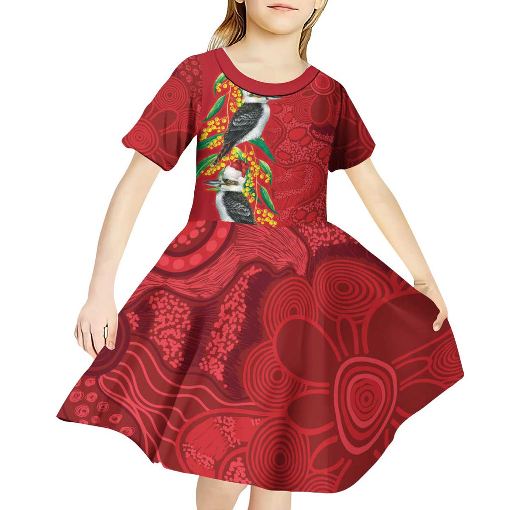 Aussie Kokaburra Golden Wattle Christmas Kid Short Sleeve Dress Aboriginal Dots Painting Red Motif - Aussie Hoodie