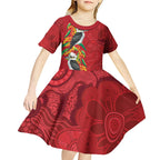 Aussie Kokaburra Golden Wattle Christmas Kid Short Sleeve Dress Aboriginal Dots Painting Red Motif - Aussie Hoodie