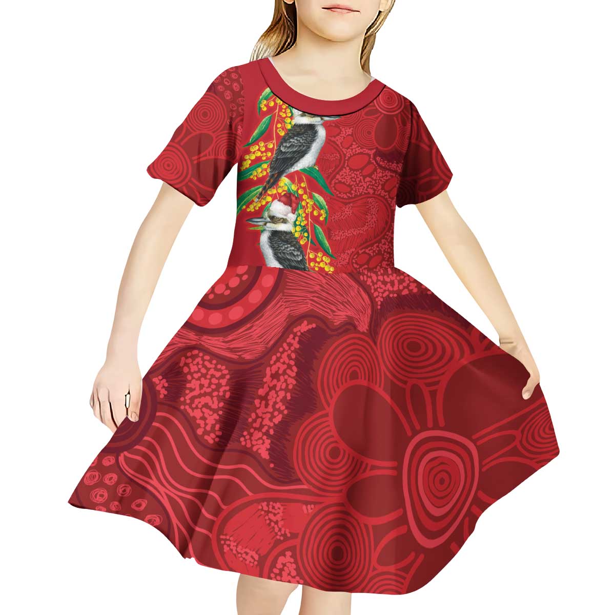 Aussie Kokaburra Golden Wattle Christmas Kid Short Sleeve Dress Aboriginal Dots Painting Red Motif - Aussie Hoodie