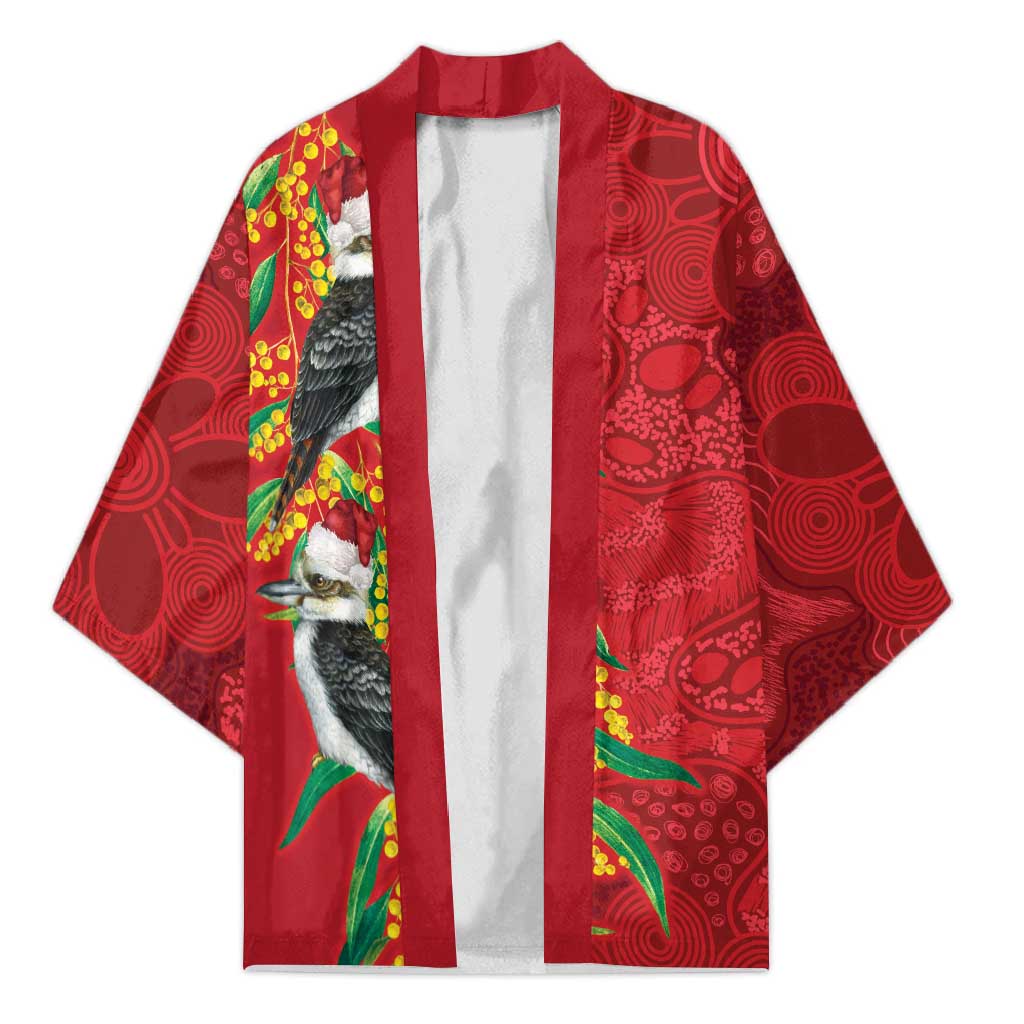 Aussie Kokaburra Golden Wattle Christmas Kimono Aboriginal Dots Painting Red Motif - Aussie Hoodie